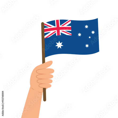 Hand holding a flag of Australia. Vector illustration of the Australian flag in flat style isolated on white background.