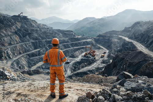 Obraz na płótnie Mining engineer standing at edge of open pit mine observing work