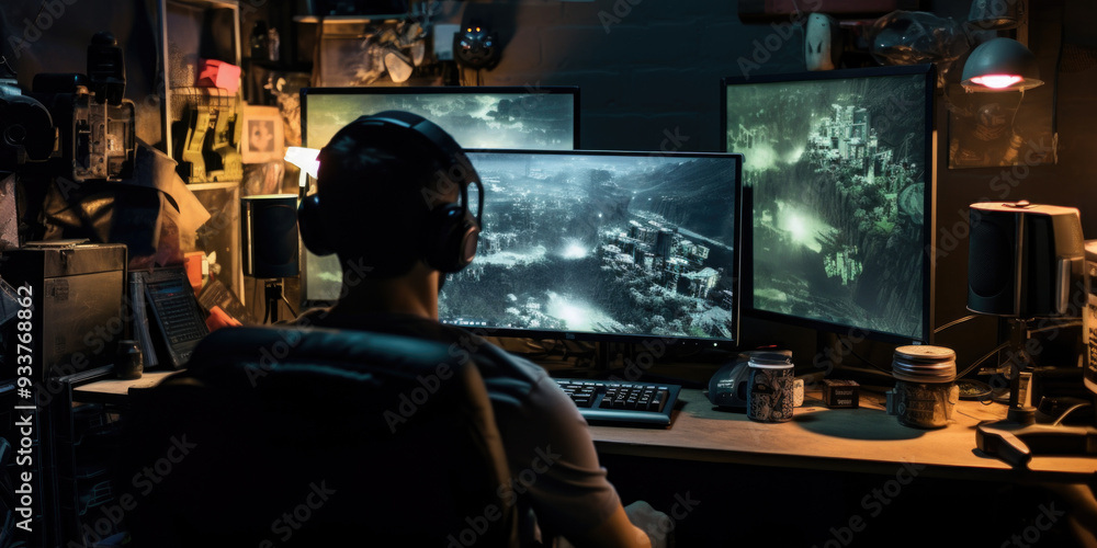 A man is playing a video game on his computer with headphones A man is playing a video game on his computer with headphones