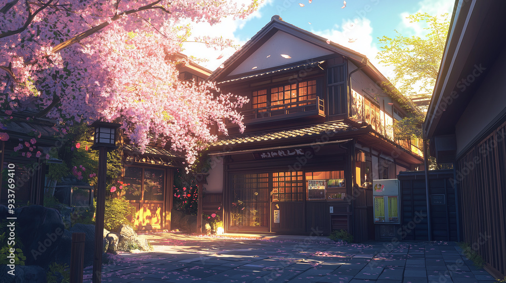 Fototapeta premium Serene traditional Japanese house with stunning cherry blossoms in full bloom during spring, showcasing the harmony of nature and architecture with ambient lighting.
