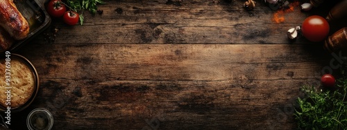 A rustic wooden background with fresh vegetables and spices. Empty space for text photo