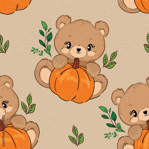 Teddy Bear and Pumpkin pattern seamless autumn vector, Hand Drawn Cute Print for baby, kids print design