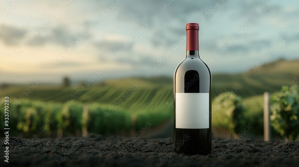 Fototapeta premium Organic wine bottle, with vineyard background, 3D illustration