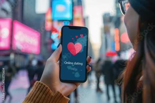 Wallpaper Mural Hand holding smartphone with online dating app in busy city street with colorful billboards. Concepts of technology, modern dating, urban lifestyle, and connection in a digital age. Torontodigital.ca