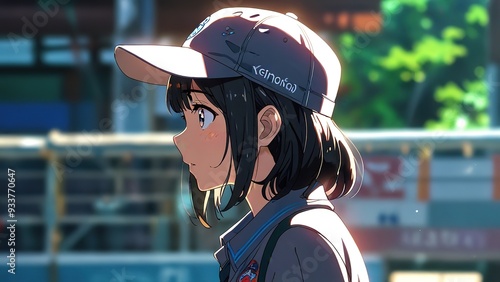 Anime girl with white cap looking away