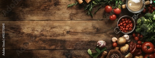 A rustic wooden background with fresh vegetables and spices. Empty space for text photo