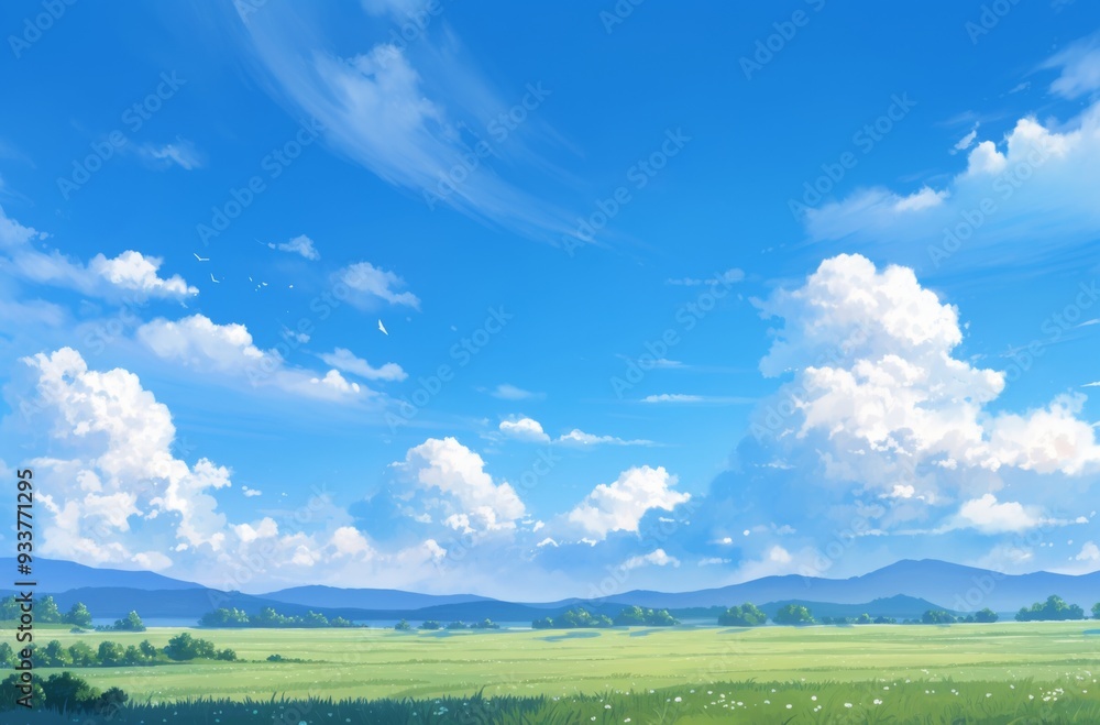 Expansive Prairie Field Under a Blue Sky with White Clouds, Evoking a Sense of Freedom and Natural Serenity