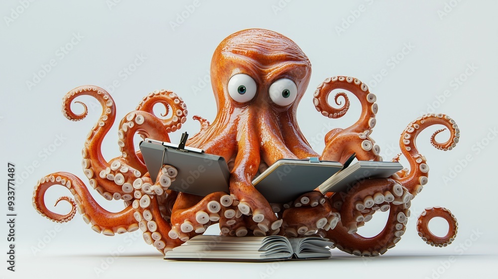 Obraz premium An octopus juggling multiple tasks, symbolizing multitasking skills with books and gadgets.