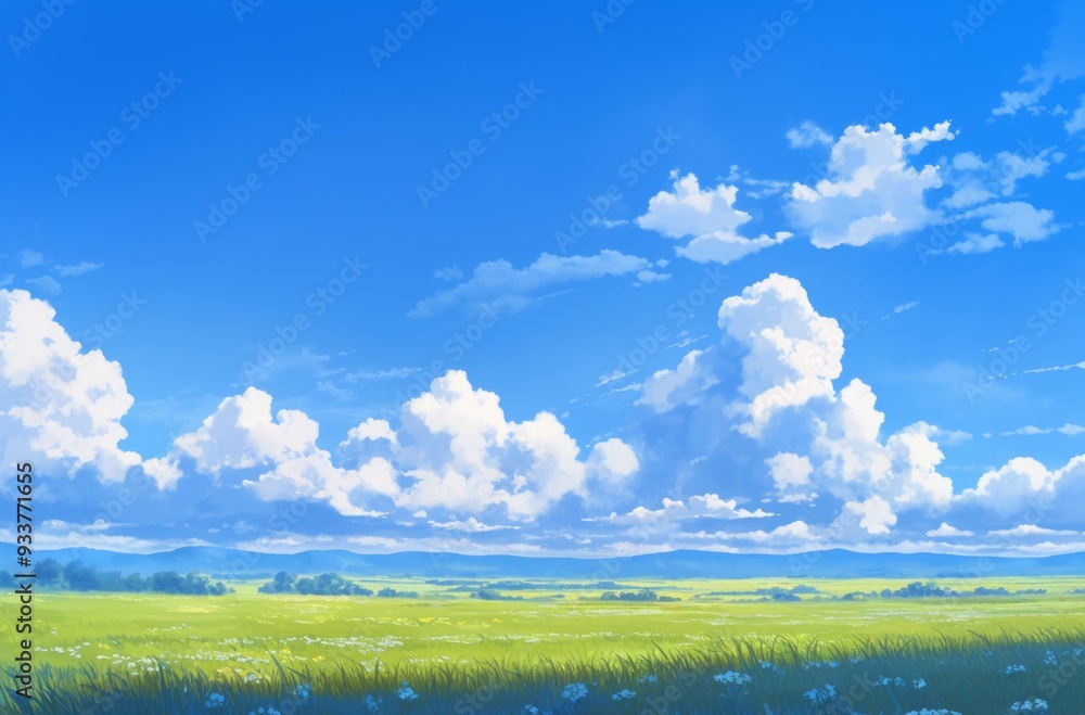 Expansive Prairie Field Under a Blue Sky with White Clouds, Evoking a Sense of Freedom and Natural Serenity Expansive Prairie Field Under a Blue Sky with White Clouds, Evoking a Sense of Freedom and Natural Serenity