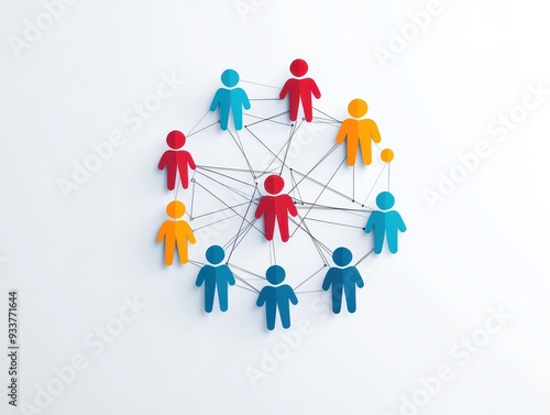 Colorful paper cut human figures connected by lines on white background, representing social network and teamwork concepts.