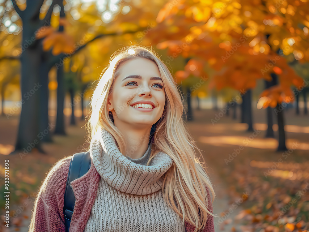 Fashion autumn portrait blonde woman, beauty face. Peaceful autumn nature blurred forest trees with yellow orange leaves. Pretty girl enjoying warm sunny autumn fall day outdoors, park. AI generated Fashion autumn portrait blonde woman, beauty face. Peaceful autumn nature blurred forest trees with yellow orange leaves. Pretty girl enjoying warm sunny autumn fall day outdoors, park. AI generated
