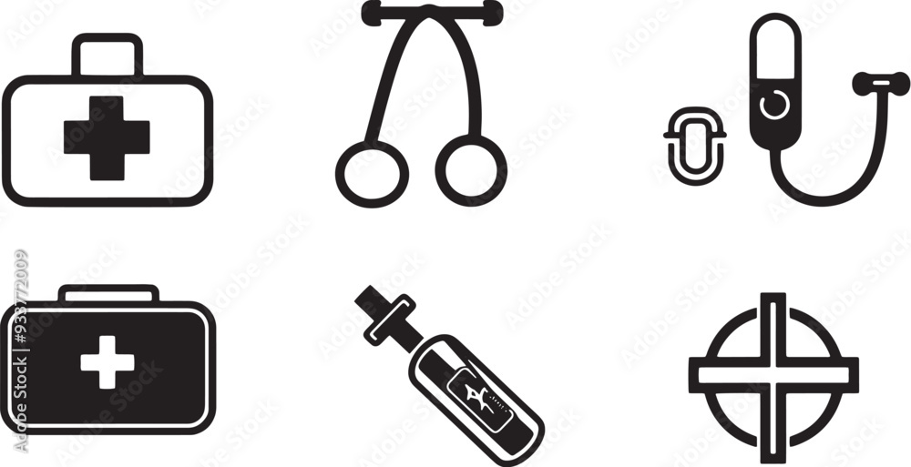 A minimalist vector icon set featuring a first aid kit, thermometer, medical cross, and blood pressure monitor A minimalist vector icon set featuring a first aid kit, thermometer, medical cross, and blood pressure monitor