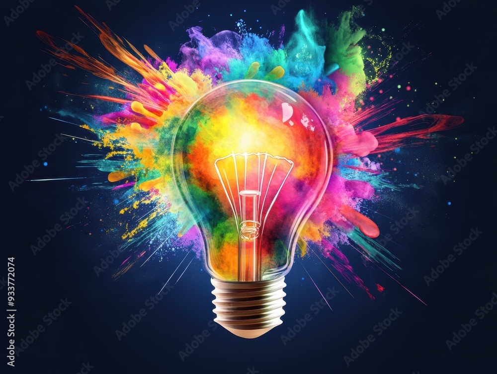 Creative light bulb with vibrant splashes of colorful paint on a dark background, symbolizing innovation and imagination. Creative light bulb with vibrant splashes of colorful paint on a dark background, symbolizing innovation and imagination.