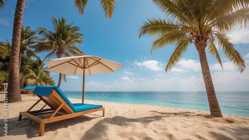 Beach Lounger Under Palm Trees with White Umbrella