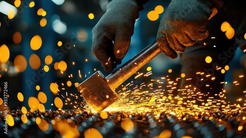 Blacksmith shaping iron with a hammer, sparks flying, glowing metal and rugged workshop, photo realistic, craftsmanship in metalwork photo