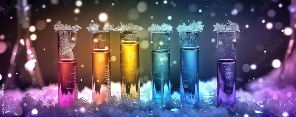 Test tubes surrounded by ice crystals, icy test tubes, frosty laboratory setting Test tubes surrounded by ice crystals, icy test tubes, frosty laboratory setting