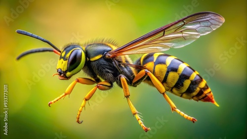 A bright yellow and black yellow jacket wasp hovering in mid-air, its transparent wings beating rapidly as it searches for sweet nectar or prey nearby.