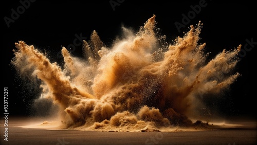 Brown dry river sand explosion isolated on black background. Abstract sand splash, sand, explosion, isolated, black background