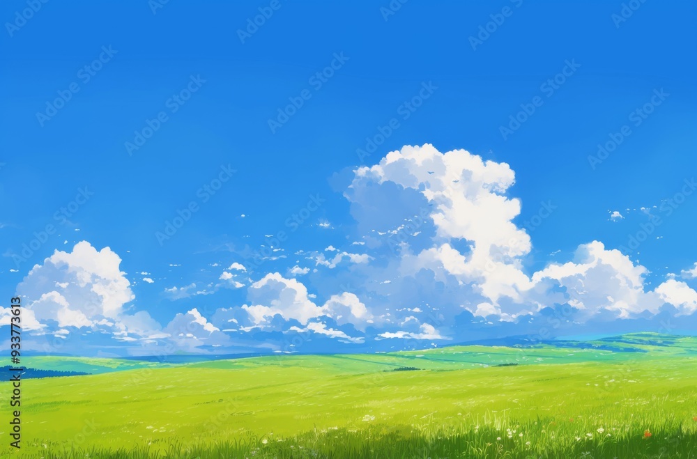 Expansive Prairie with a Blue Sky and White Clouds in the Background, Evoking a Sense of Open Space and Natural Beauty Expansive Prairie with a Blue Sky and White Clouds in the Background, Evoking a Sense of Open Space and Natural Beauty