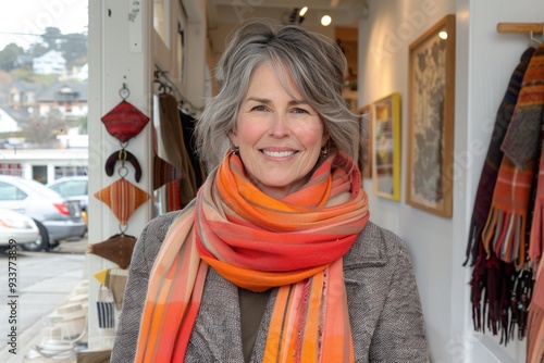 A warm and cheerful middle-aged woman with gray hair and a bright smile wearing an orange scarf standing in front of a cozy and artsy shop in an urban area
