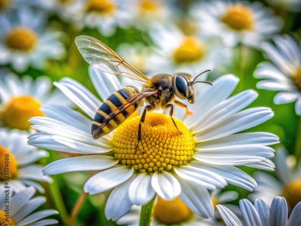 A busy wasp collects nectar from delicate white chamomile flowers with yellow centers, set amidst lush green foliage in a serene summer garden setting. A busy wasp collects nectar from delicate white chamomile flowers with yellow centers, set amidst lush green foliage in a serene summer garden setting.