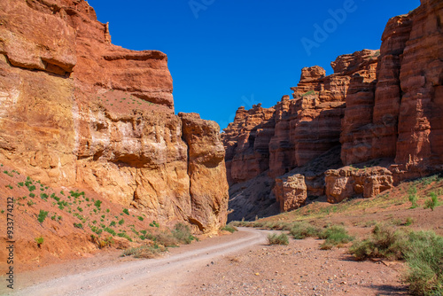 Charyn Canyon, Valley of Castles. The excellence of Kazakhstan. Panorama of natural unusual landscape. The red canyon of extraordinary beauty looks like a Martian landscape.