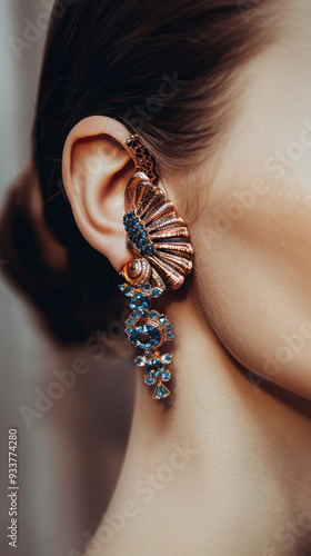 An intricate ear cuff with a magical shape made of soft blue small gemstones on a girl's ear. Mysterious and beautiful jewelry photo