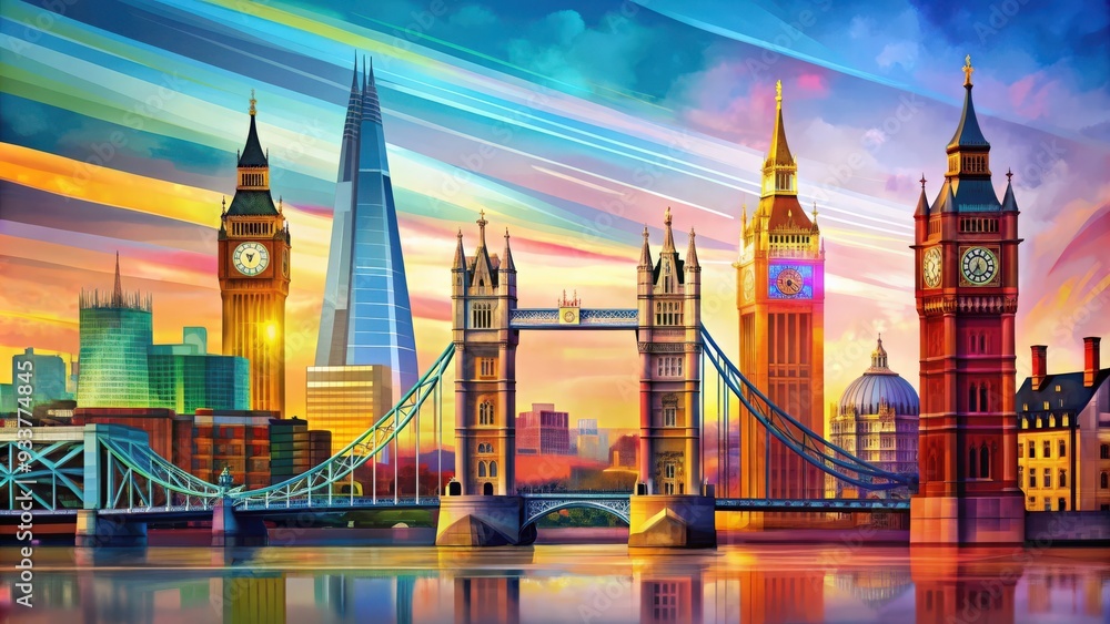 Obraz premium Abstract artistic of iconic London landmarks and symbols on a colorful background, London,art