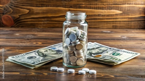 A clear plastic pill bottle sits next to a stack of crisp hundred-dollar bills and loose change on a modern wood table surface. photo