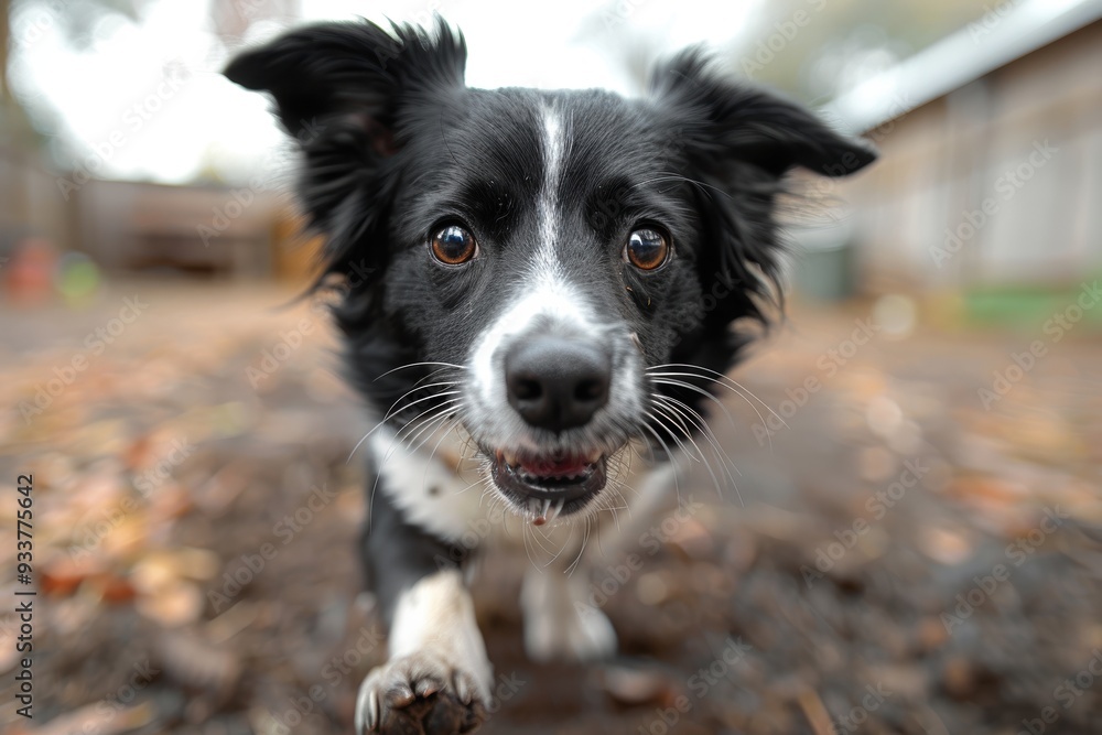 An energetic black and white dog with a joyful expression walks towards the camera, captured in a close-up outdoor setting with a blurred background An energetic black and white dog with a joyful expression walks towards the camera, captured in a close-up outdoor setting with a blurred background