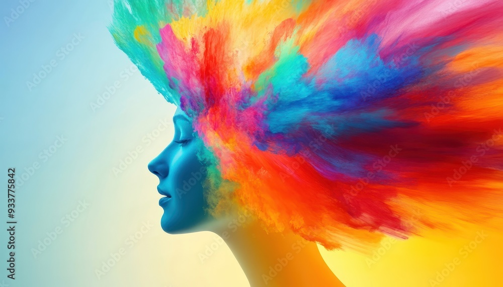 Artistic profile of a person with a colorful explosion of imagined hair, blending rainbow hues in a dynamic and vivid visual display. Artistic profile of a person with a colorful explosion of imagined hair, blending rainbow hues in a dynamic and vivid visual display.