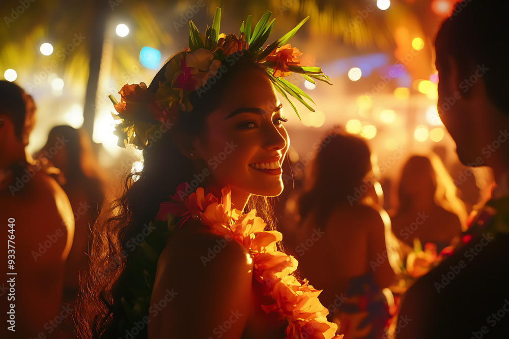 A vibrant and lively Hawaiian party scene, featuring tropical elements such as palm trees, leis, and colorful cocktails A vibrant and lively Hawaiian party scene, featuring tropical elements such as palm trees, leis, and colorful cocktails