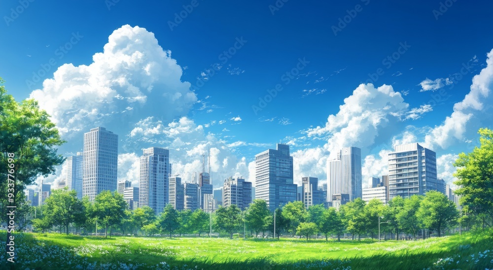 City Skyline with Tall Buildings, Green Trees, and Park Grass under a Blue Sky with White Clouds City Skyline with Tall Buildings, Green Trees, and Park Grass under a Blue Sky with White Clouds