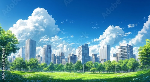 City Skyline with Tall Buildings, Green Trees, and Park Grass under a Blue Sky with White Clouds