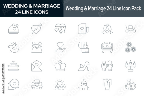 Collection of 24 wedding & marriage line icons. These design elements are suitable for your projects and are provided as vector illustrations."