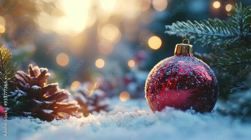 Christmas red ornament and pine cones on snow with bokeh lights in the background