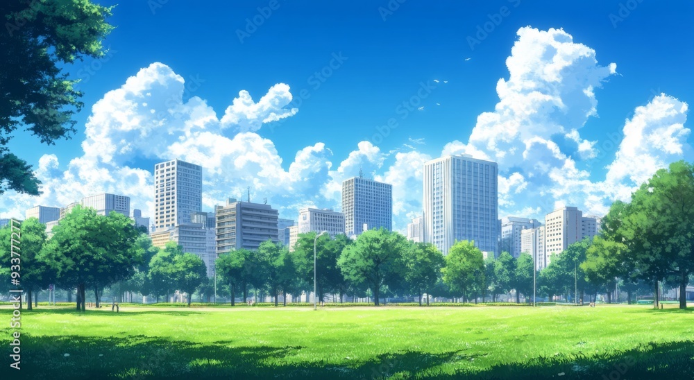 City Skyline with Tall Buildings, Green Trees, and Park Grass under a Blue Sky with White Clouds City Skyline with Tall Buildings, Green Trees, and Park Grass under a Blue Sky with White Clouds