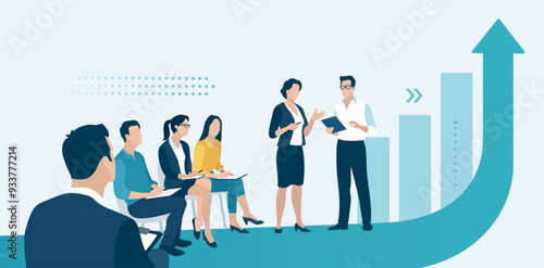 Presentation, education, learning. Business illustration. The business team listens to the presentation.
