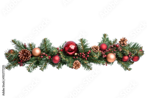Festive Christmas garland with pine cones and red ornaments, perfect for holiday decorations and enhancing seasonal ambiance.