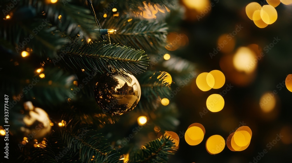 Close-up of a Christmas tree with golden baubles and bokeh lights Close-up of a Christmas tree with golden baubles and bokeh lights