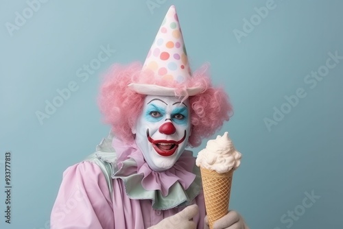 Creative photos of a clown with a hat and colored background to celebrate birthdays