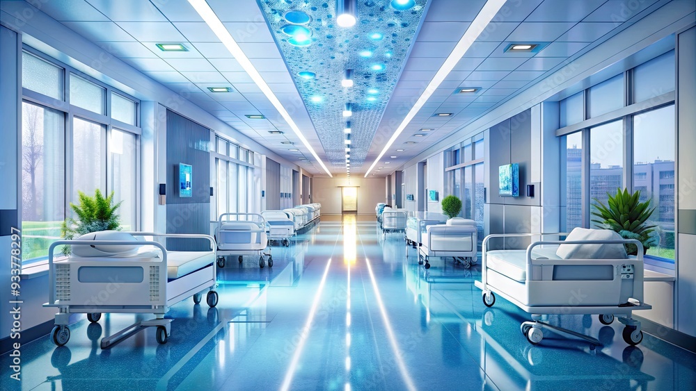 Sparkling clean hospital corridor with rows of sanitizing stations, empty beds, and isolated rooms, conveying a sense of sterile safety during the pandemic. Sparkling clean hospital corridor with rows of sanitizing stations, empty beds, and isolated rooms, conveying a sense of sterile safety during the pandemic.