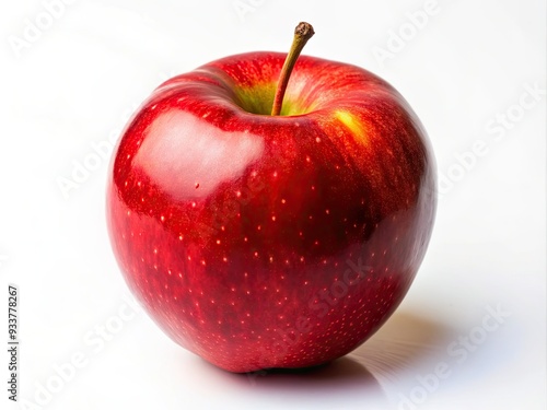 A crisp, juicy, bright red apple with a subtle sheen, perfectly ripe and freshly plucked, sits alone on a clean, stark white background.