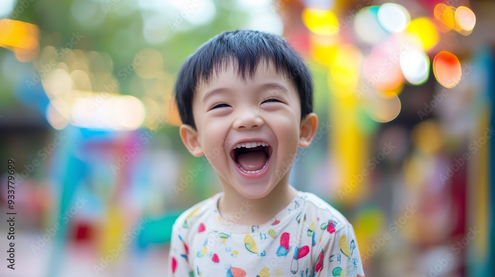 Young child laughing joyfully at a playful outdoor setting during the afternoon Young child laughing joyfully at a playful outdoor setting during the afternoon
