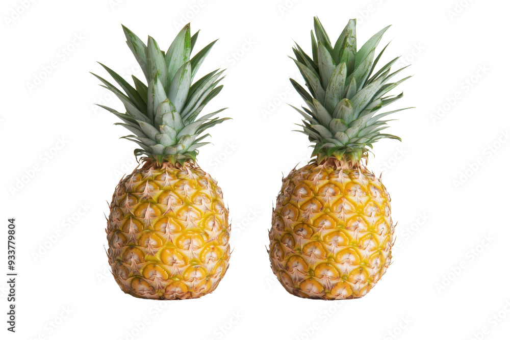 Two ripe pineapples stand side by side against a transparent background. showcasing their vibrant yellow skin and spiky green leaves. Two ripe pineapples stand side by side against a transparent background. showcasing their vibrant yellow skin and spiky green leaves.