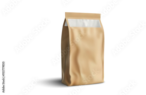 High-Quality Blank 3D Kraft Paper Bag Isolated on White - Ideal for Brand Packaging Design Mockups. Vector illustration