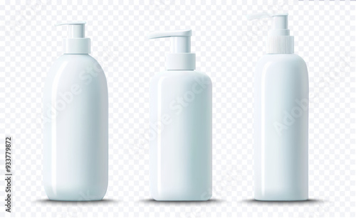 Capture the clean and minimalist design with this set of three white plastic dispenser bottles, ideal for showcasing cosmetics, sanitizers, or skincare products. Vector illustration