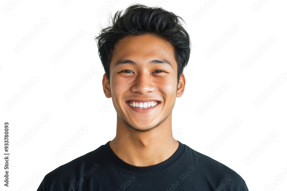 Smiling young man with black hair wearing a dark t-shirt against a transparent background. expressing happiness and positivity. Smiling young man with black hair wearing a dark t-shirt against a transparent background. expressing happiness and positivity.