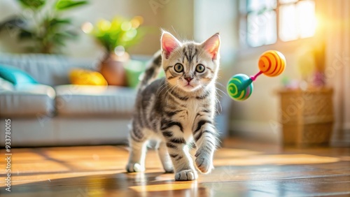 Adorable American Shorthair kitten enthusiastically pounces on colorful toy, showcasing agility and playful energy in a joyful, sunny living room setting. photo