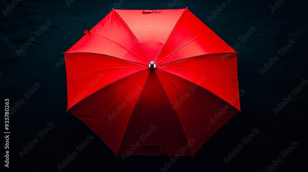 A red umbrella is open on a black background A red umbrella is open on a black background